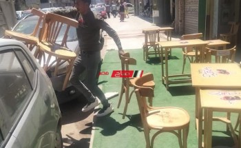 حملة مكبرة لإزالة اشغالات المقاهي والمحلات وفتح الطريق أمام المارة وسط دمياط