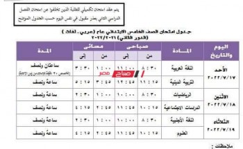 جداول امتحانات الدور الثاني 2022 المرحلة الابتدائية والإعدادية والصفين الأول والثاني الثانوي محافظة الجيزة