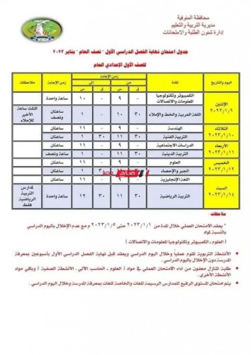  جدول الصف الأول الإعدادي الترم الأول 2023 محافظة المنوفية
