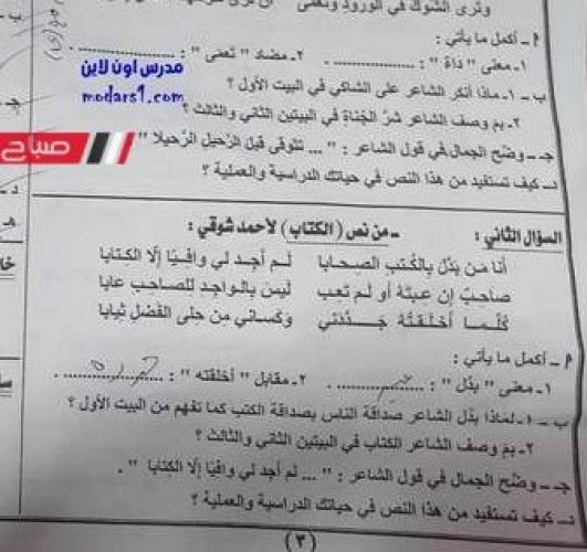امتحان اللغة العربية للصف الثالث الاعدادي محافظة شمال سيناء الترم الاول 2023