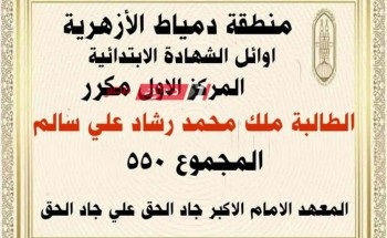 ننشر اسماء اوائل الشهادة الابتدائية الازهرية في محافظة دمياط 2023