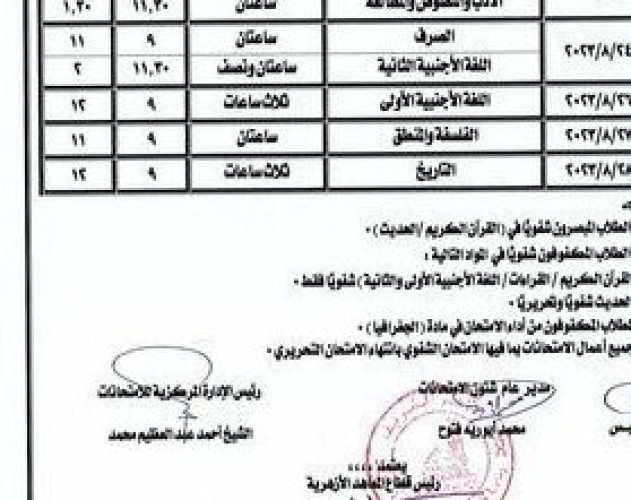 جدول امتحانات الدور الثاني ثانوي أزهر علمي وأدبي 2023