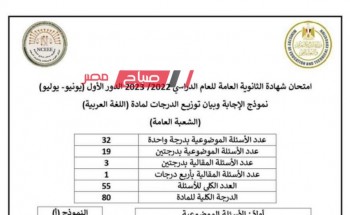 نموذج إجابة امتحان اللغة العربية 2023 للثانوية العامة من موقع وزارة التربية والتعليم
