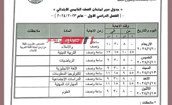 جدول امتحانات محافظة الفيوم خامسة ابتدائي الترم الاول 2024