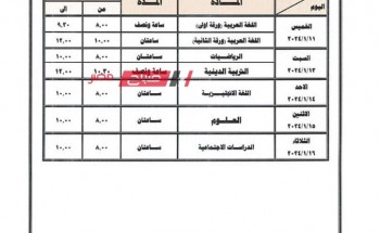 جداول امتحانات الشهاده الابتدائيه الترم الاول محافظة دمياط 2024