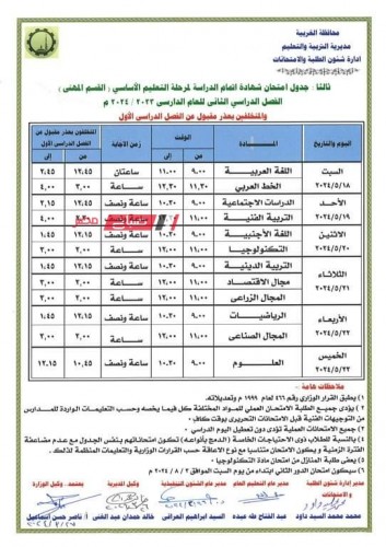 جداول امتحانات جميع مراحل النقل اخر العام 2024 محافظة الغربية