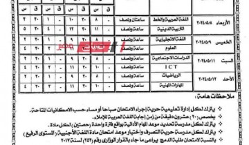 جداول امتحانات الترم الثاني 2024 بمحافظة الإسكندرية لصفوف النقل الرابع والخامس والسادس الابتدائي