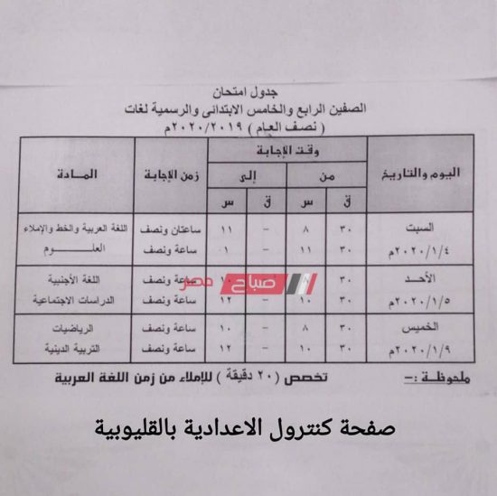 جدول امتحانات الترم الأول جميع المراحل محافظة القليوبية 2019-2020 - موقع صباح مصر