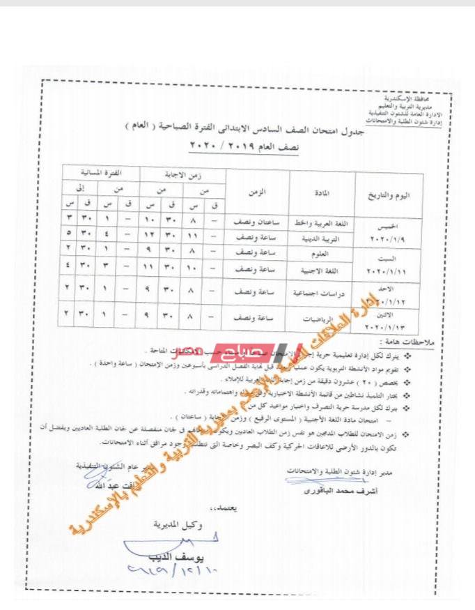 جدول امتحان الشهادة الإبتدائية محافظة الإسكندرية الترم الأول 2020 - موقع صباح مصر