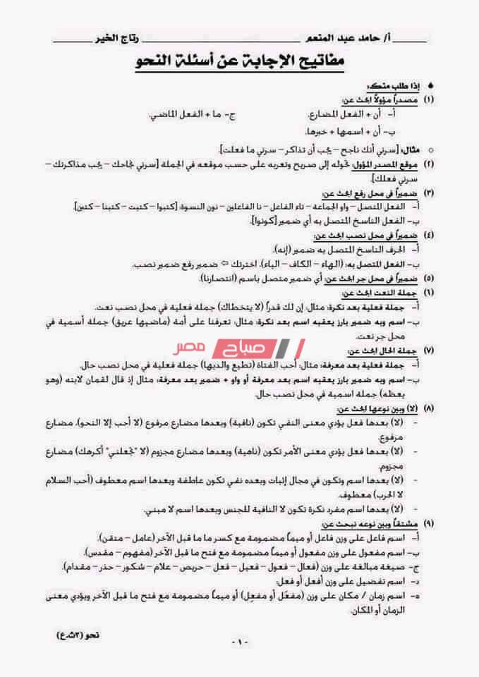 ملخص النحو كامل للصف الثالث الثانوي 2020 في أربع ورقات فقط - موقع صباح مصر