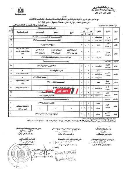جدول امتحانات الدبلومات الفنية الثانوية الفندقية والخدمات السياحية نظام الـ 3 سنوات 2020 صباح مصر