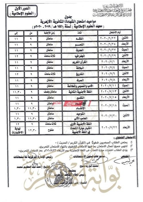 جدول امتحانات الشهادة الثانوية الأزهرية الجديد 2020 - موقع صباح مصر