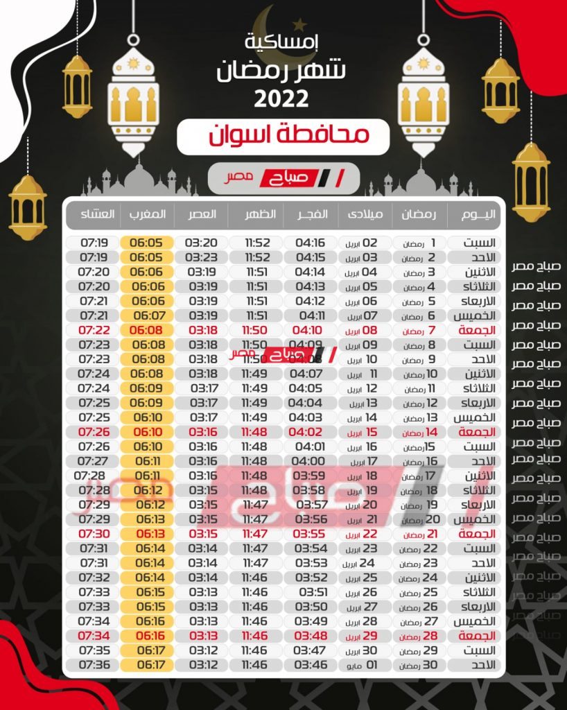 إمساكية شهر رمضان 2022 في محافظة أسوان