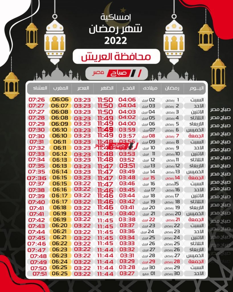 إمساكية شهر رمضان 2022 في محافظة العريش