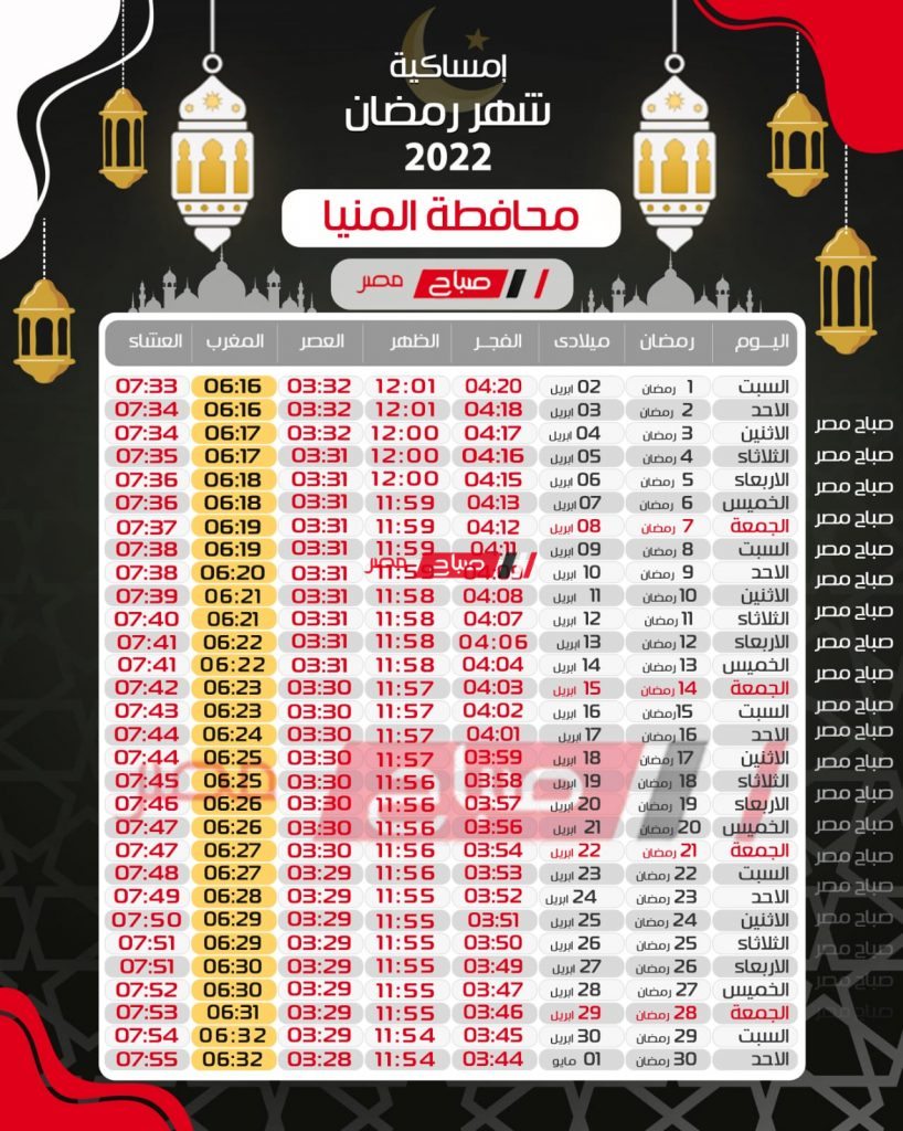 إمساكية شهر رمضان 2022 في محافظة المنيا