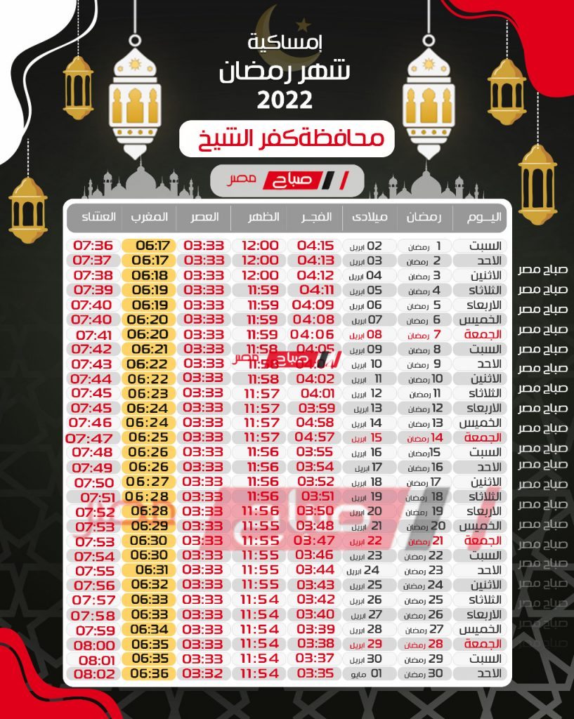 إمساكية شهر رمضان 2022 في محافظة كفر الشيخ
