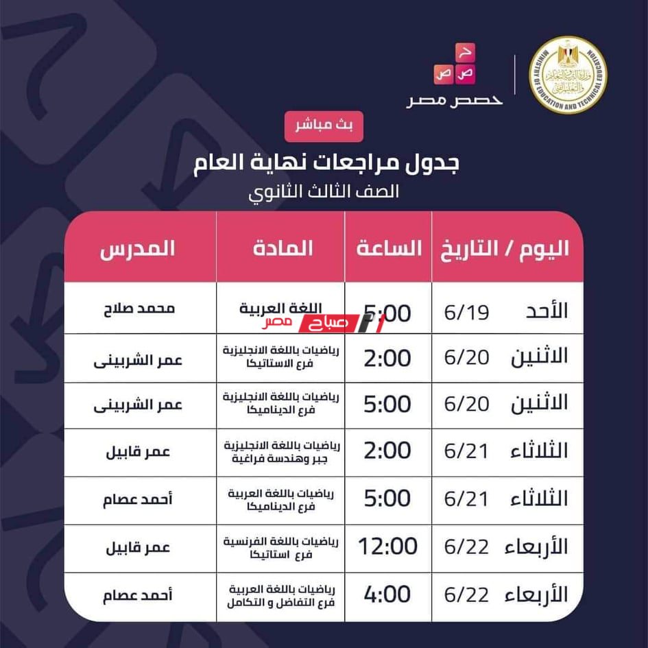 مواعيد عرض المراجعات النهائية على قناة حصص مصر التعليمية