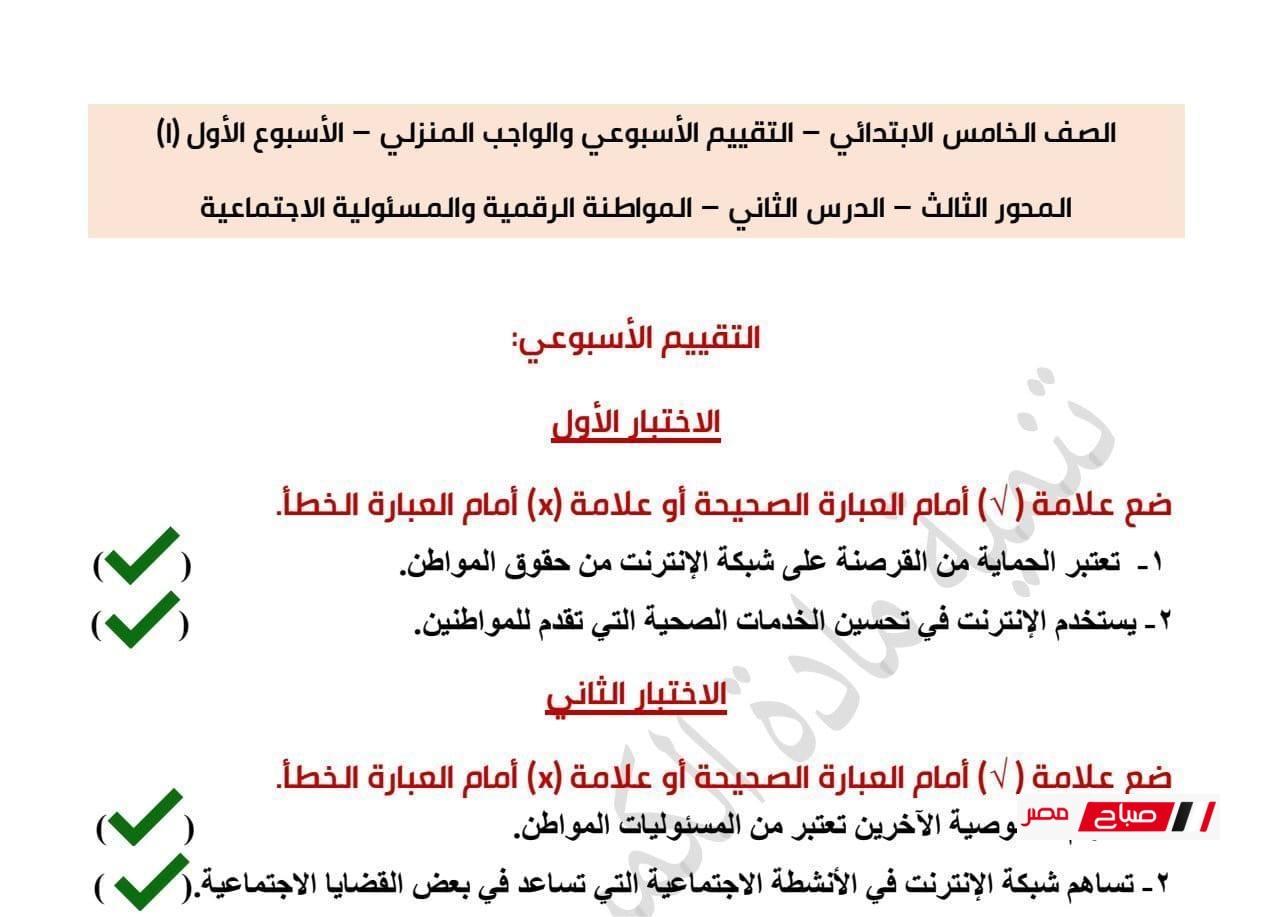 حل تقييمات تكنولوجيا المعلومات للصف الخامس الابتدائي الترم الثاني 2025