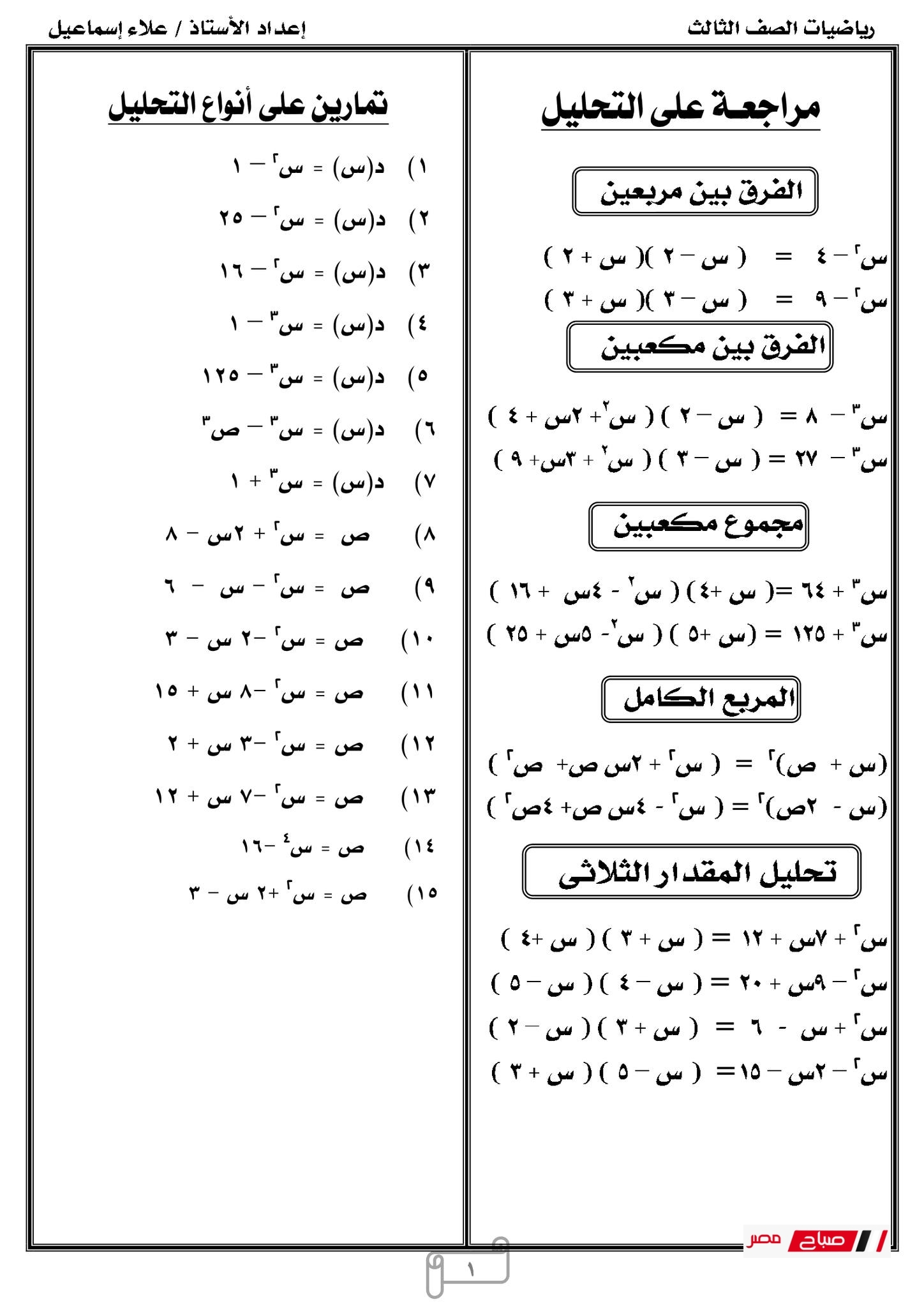مراجعة مادة الرياضيات للصف الثالث الثانوي الفني