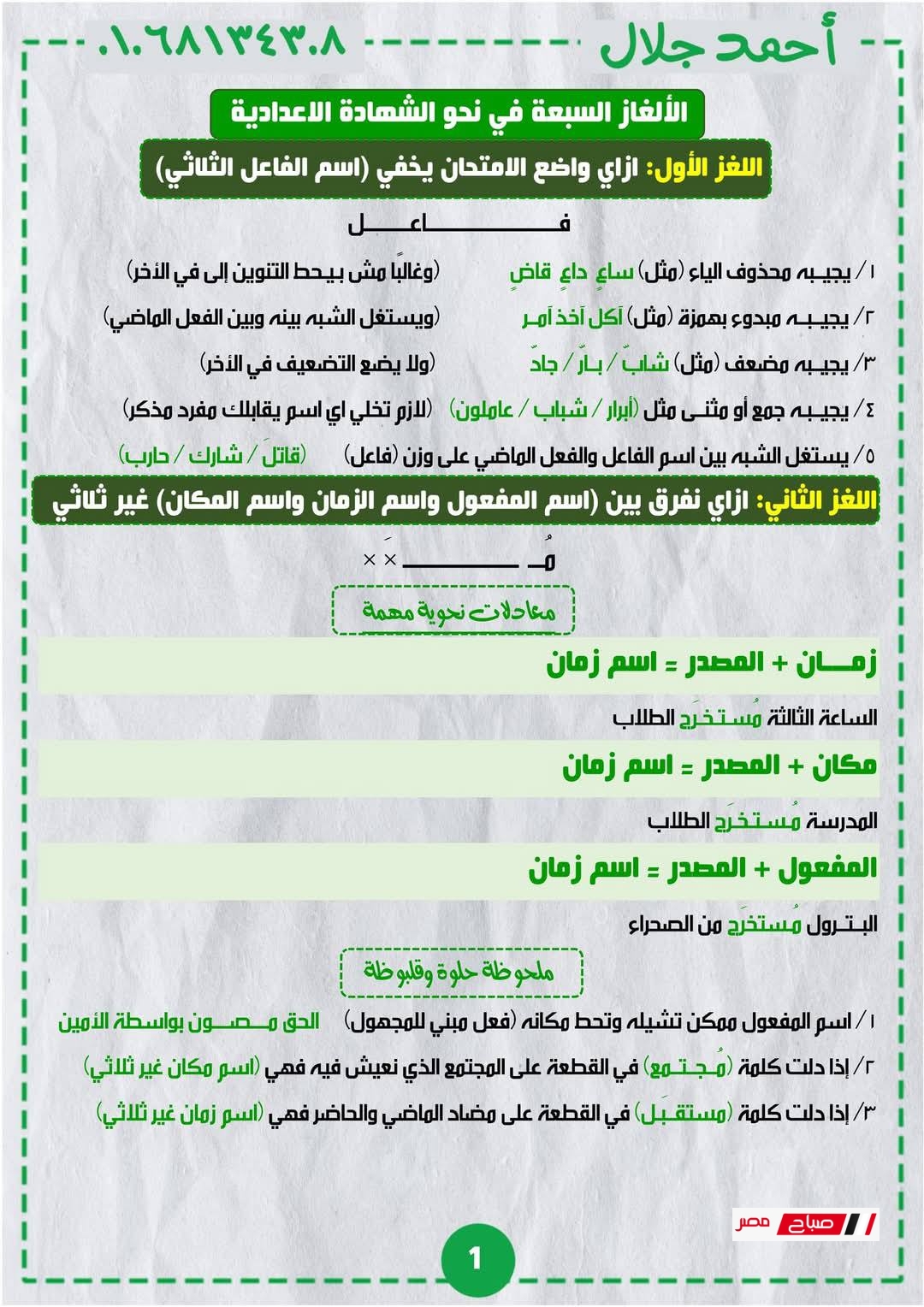 مراجعة شاملة للنحو للصف الثالث الإعدادي