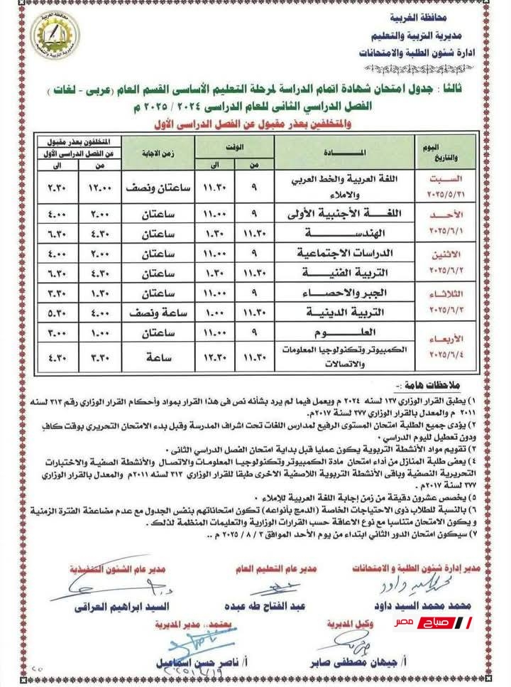 جدول امتحانات الصف الثالث الإعدادي