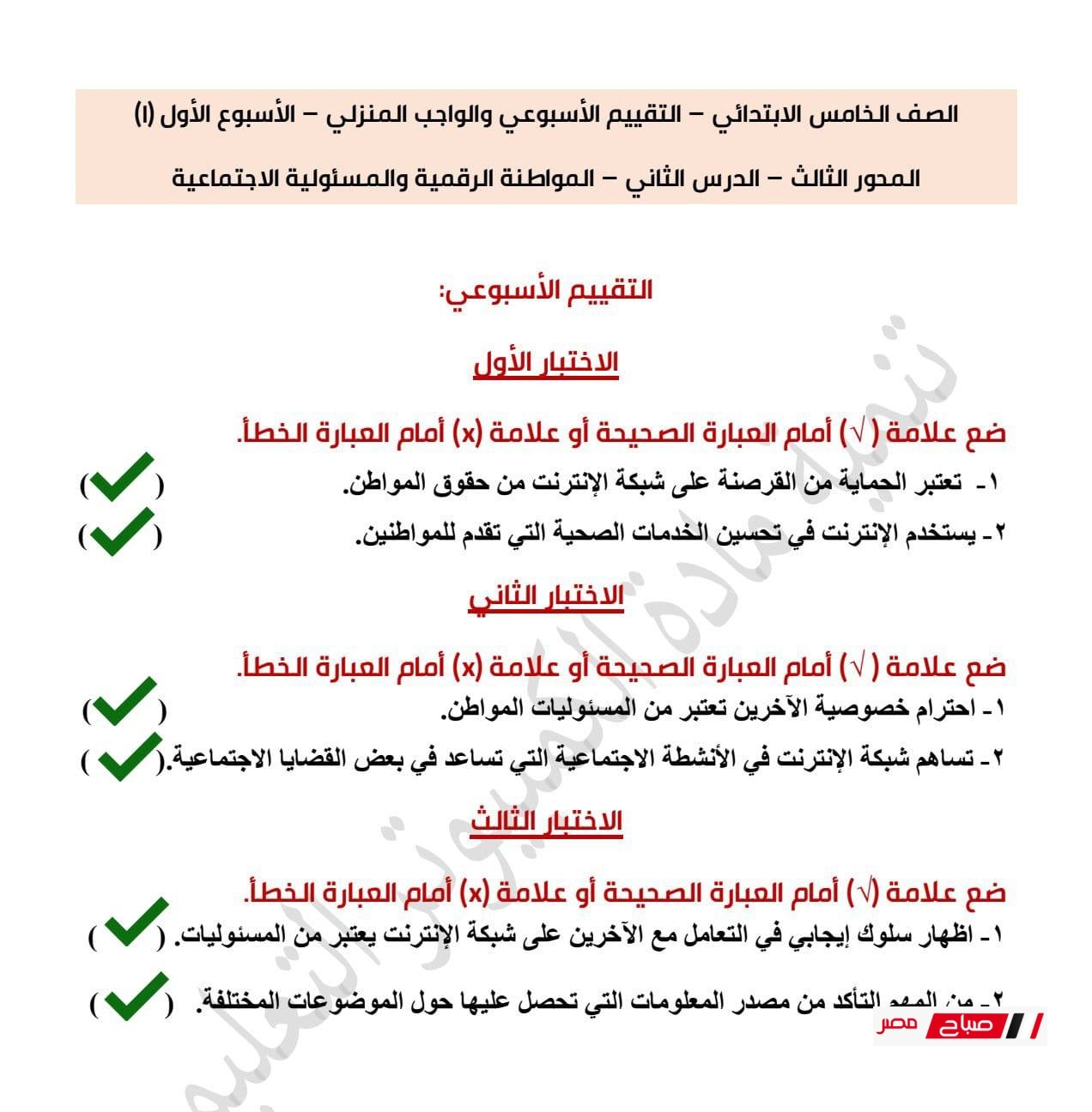 حل تقييمات تكنولوجيا المعلومات للصف الخامس الابتدائي الترم الثاني 2025 29 1