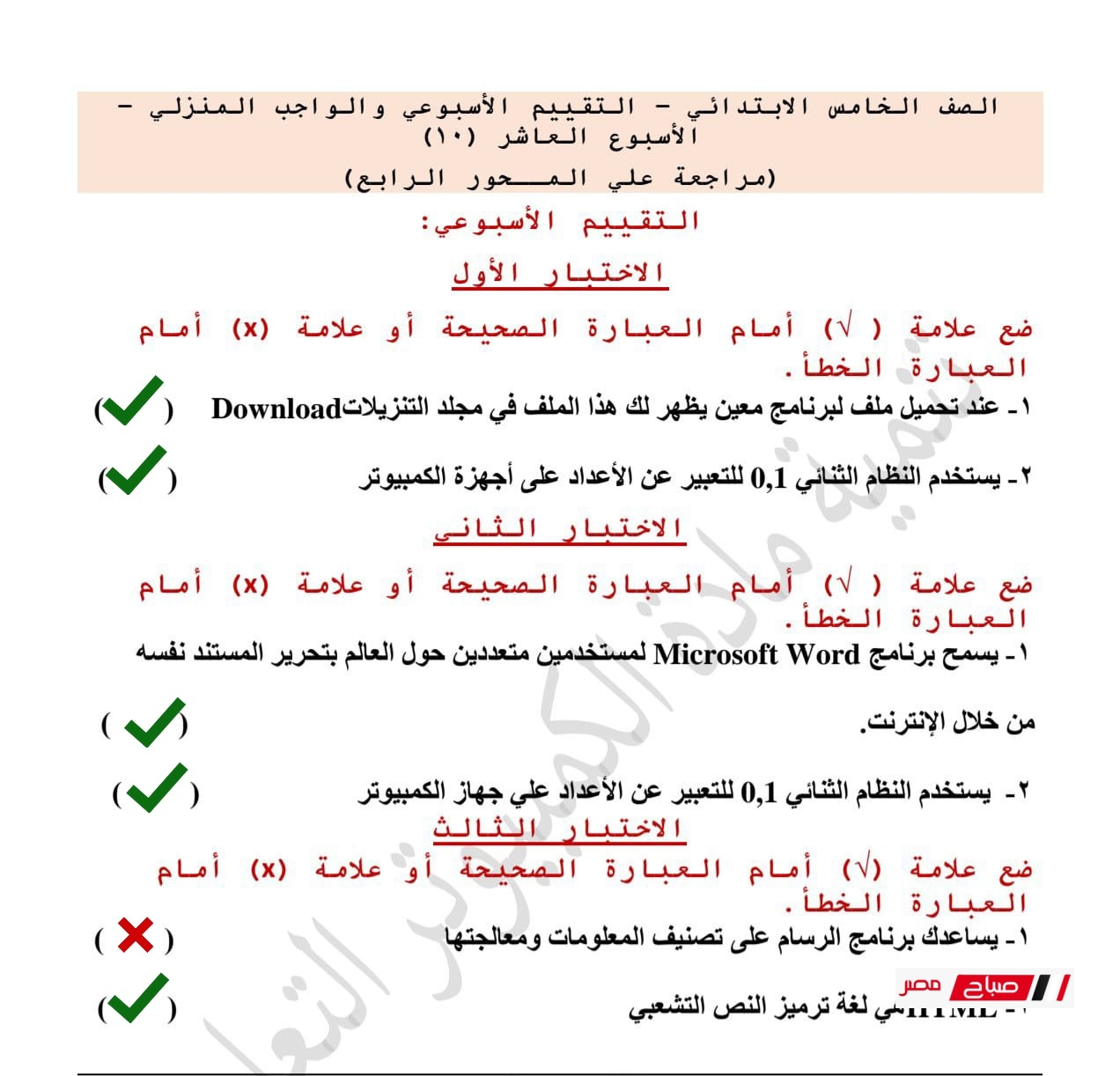 حل تقييمات تكنولوجيا المعلومات للصف الخامس الابتدائي الترم الثاني 2025 38 10