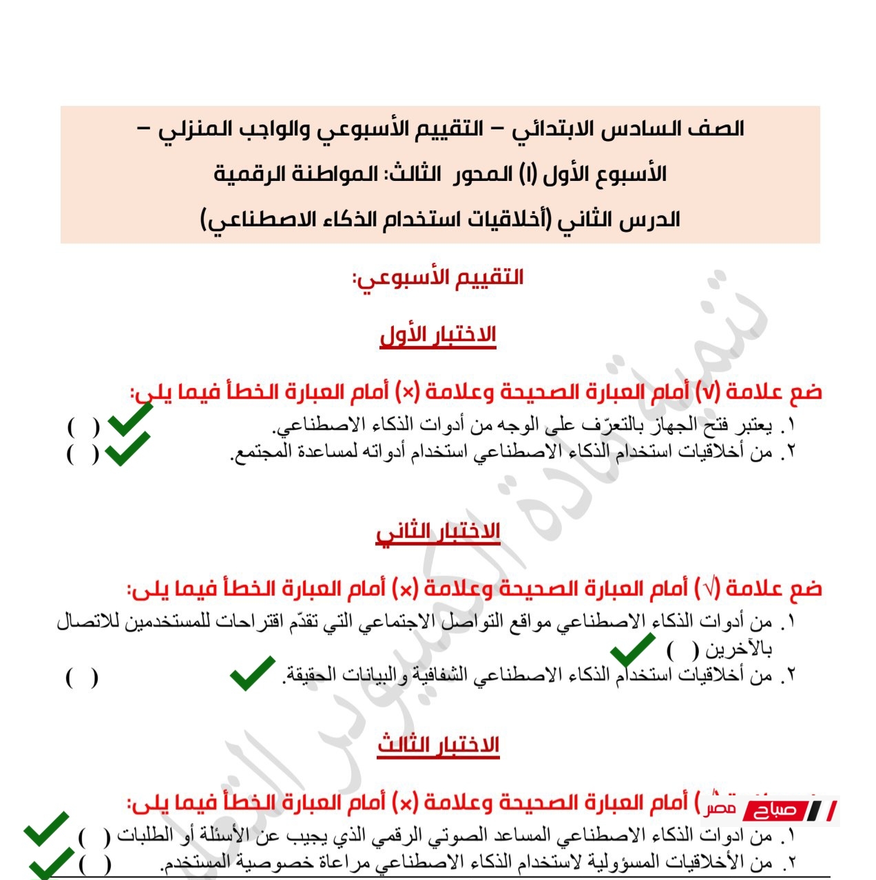 حل تقييمات تكنولوجيا المعلومات الصف السادس