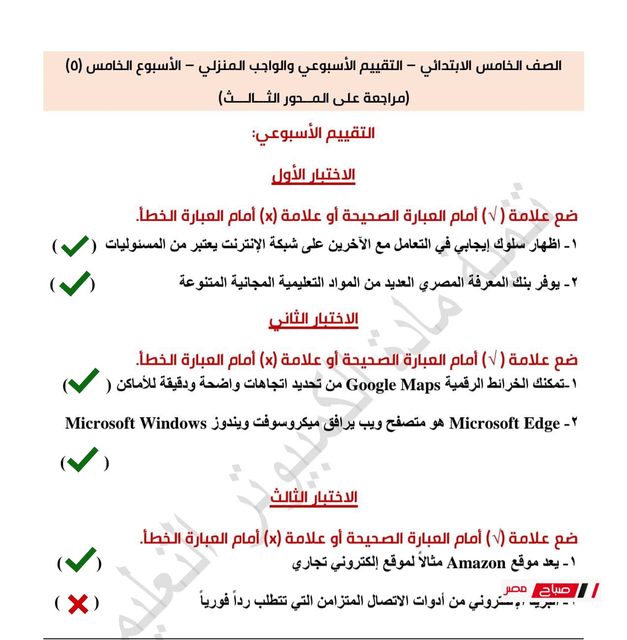 حل تقييمات تكنولوجيا المعلومات للصف الخامس الابتدائي الترم الثاني 2025 33 5