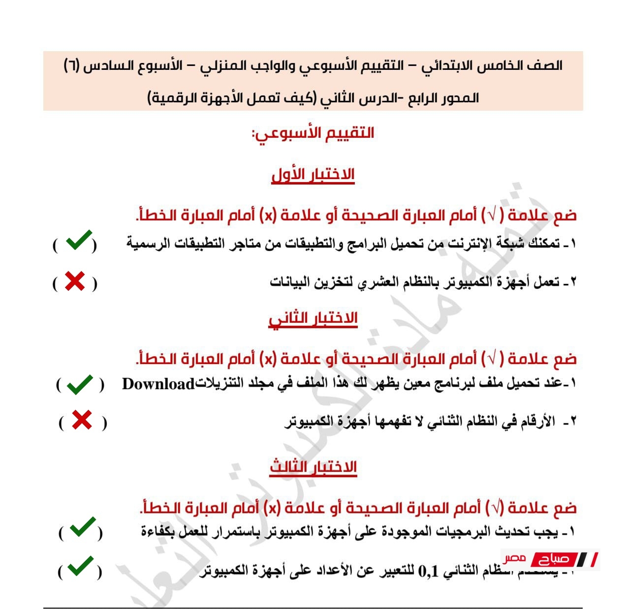 حل تقييمات تكنولوجيا المعلومات للصف الخامس الابتدائي الترم الثاني 2025 34 6