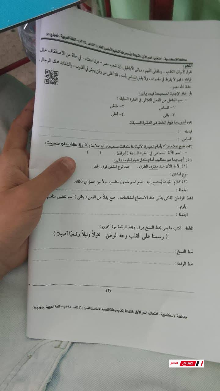 امتحان اليوم اللغة العربية للصف الثالث الإعدادي الترم الثاني 2025 محافظة الإسكندرية 41 7 35