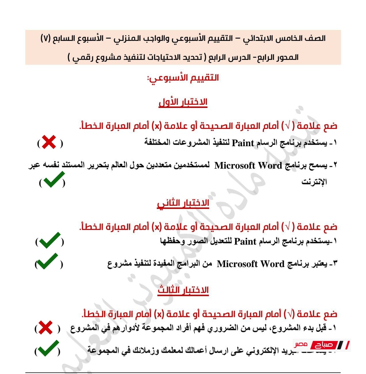 حل تقييمات تكنولوجيا المعلومات للصف الخامس الابتدائي الترم الثاني 2025 35 7