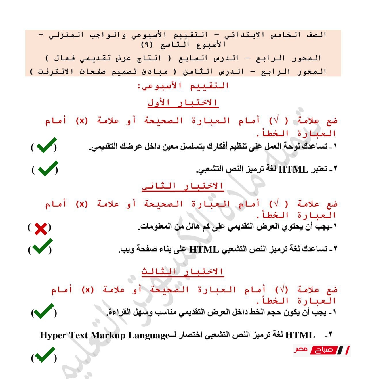 حل تقييمات تكنولوجيا المعلومات للصف الخامس الابتدائي الترم الثاني 2025 37 9