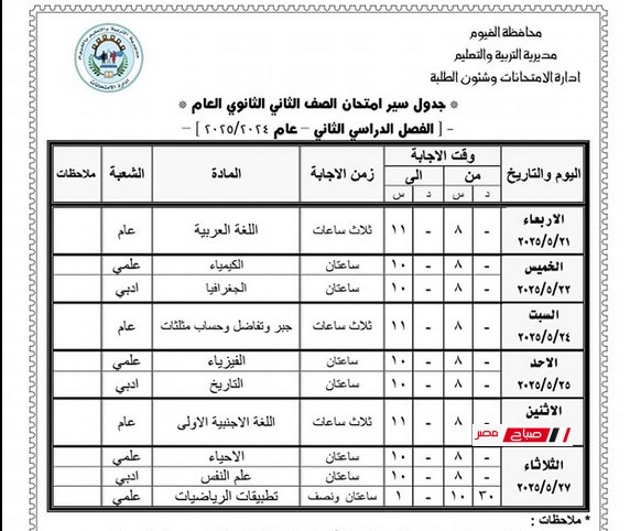 موعد امتحانات محافظة الفيوم الفصل الدراسي الثاني 2025