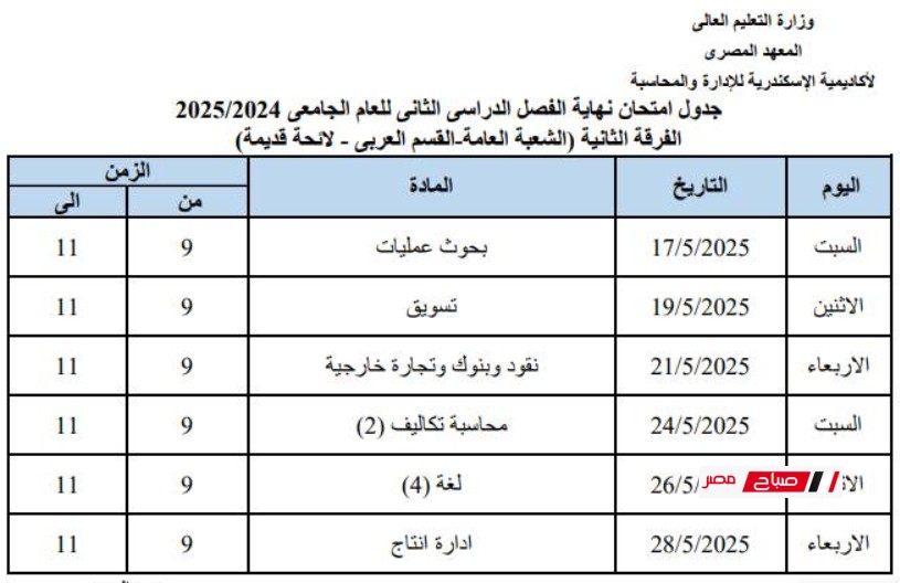 اكاديمية الاسكندرية للإدارة والمحاسبة جداول امتحانات نهاية الفصل الدراسي الثاني للعام الجامعي 2025