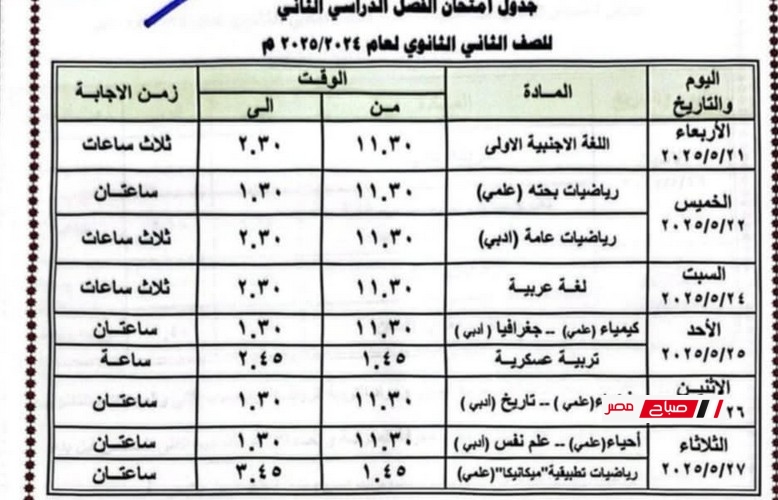 جدول امتحانات الصف الثاني الثانوي الترم الثاني 2025 جميع المحافظات