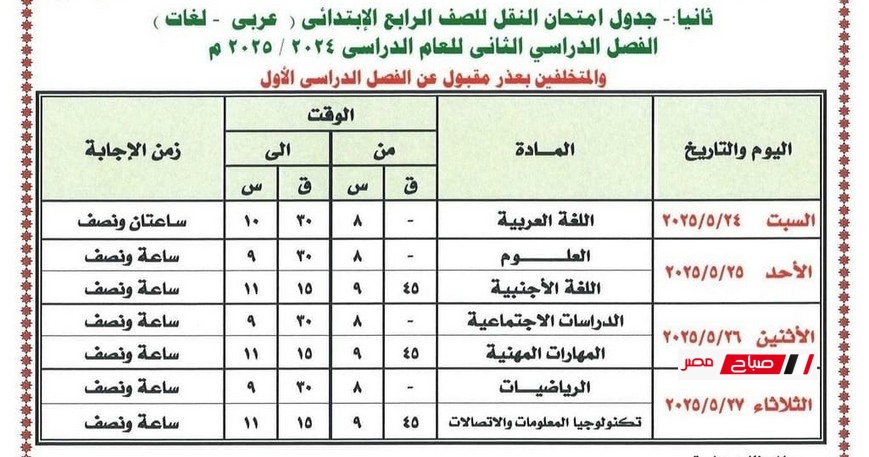 جدول امتحانات الصف الرابع الابتدائى الترم الثاني جميع المحافظات 2025