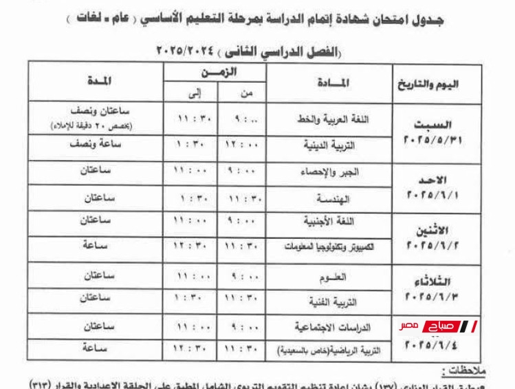 جداول امتحانات محافظة الجيزة الترم الثاني 2025