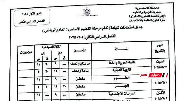 جدول الشهادة الاعدادية محافظة الاسكندرية 2024-2025