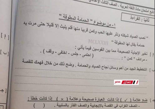 اجابة امتحان مادة اللغة العربية للشهادة الاعدادية محافظة دمياط