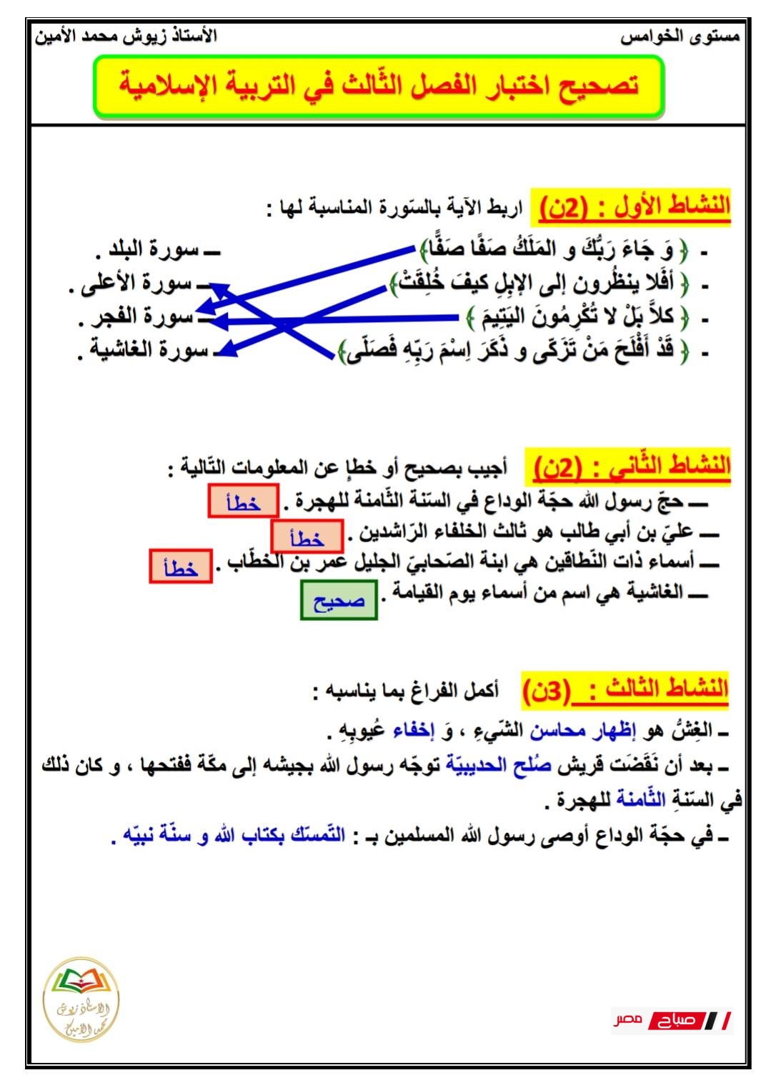 أقوى 4 نماذج اختبار التربية الإسلامية للصف الخامس الابتدائي مع الحل 32 تصحيح اختبار الفصل الثالث