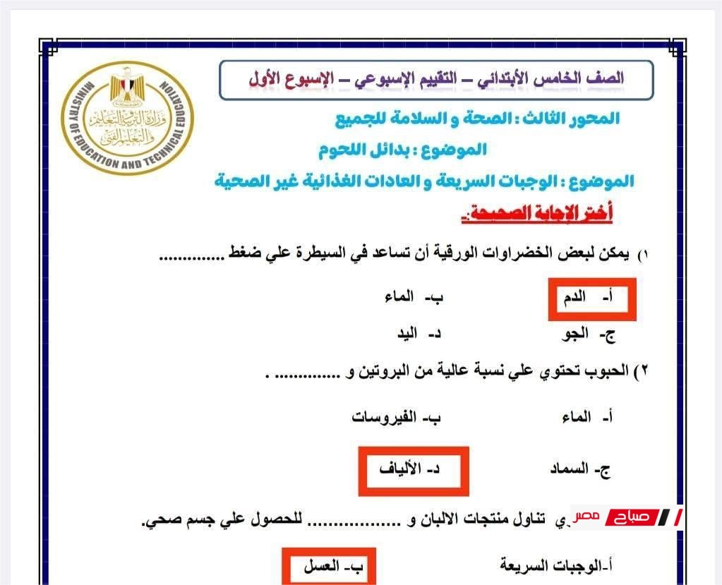تقييمات المهارات المهنية للصف الخامس الابتدائي الترم الثاني 2025 | ملخص كامل بالإجابات النموذجية