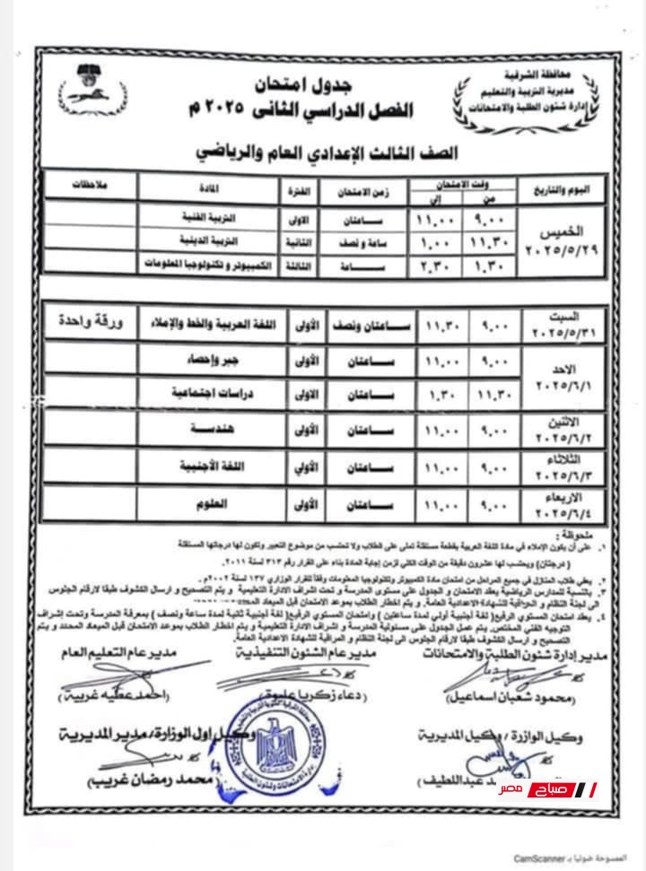 جدول الشهادة الاعدادية محافظة الشرقية 2025