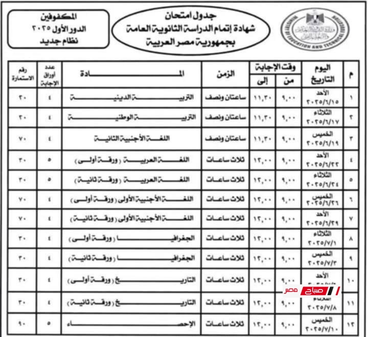 جدول امتحانات اتمام شهادة الثانوية العامة 2025