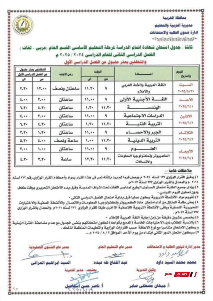 جدول امتحانات الصف الثالث الإعدادي الترم الثاني 2025 محافظة الغربية