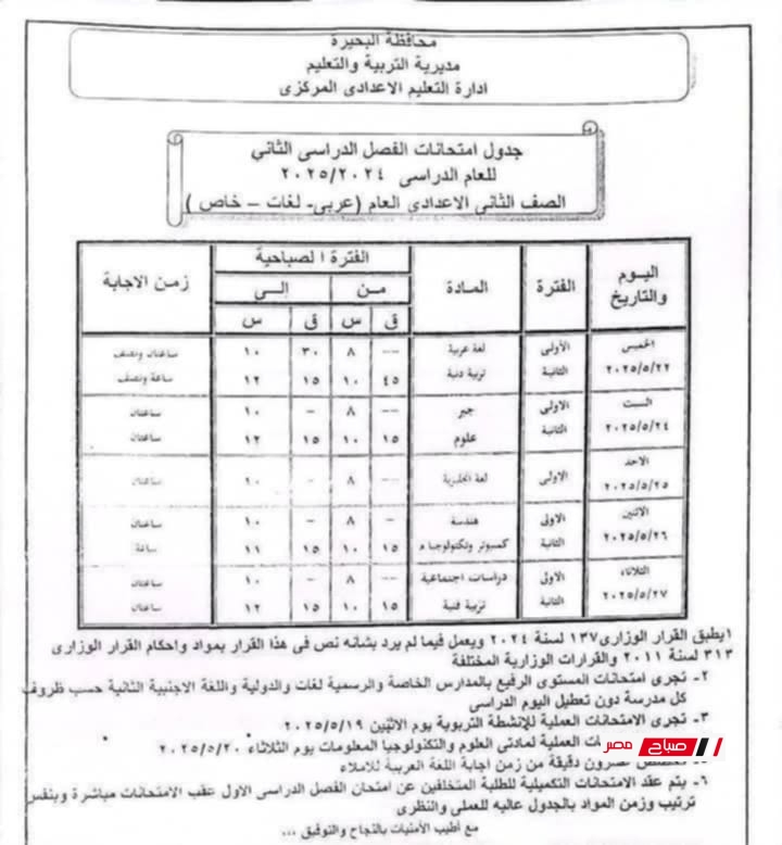جدول امتحانات الصف الثاني الإعدادي الترم الثاني 2025 محافظة البحيرة