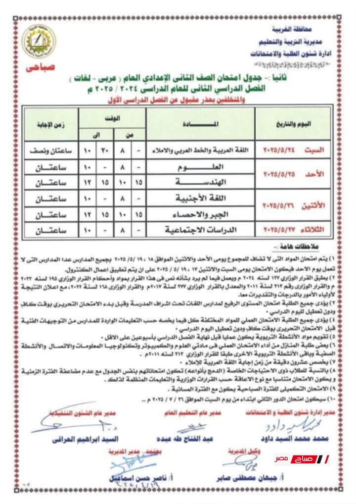 جدول امتحانات الصف الثاني الإعدادي الترم الثاني 2025 محافظة الغربية