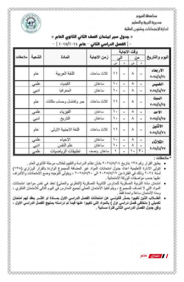 جدول امتحانات الصف التاني الثانوي الترم الثاني 2025 محافظة الفيوم