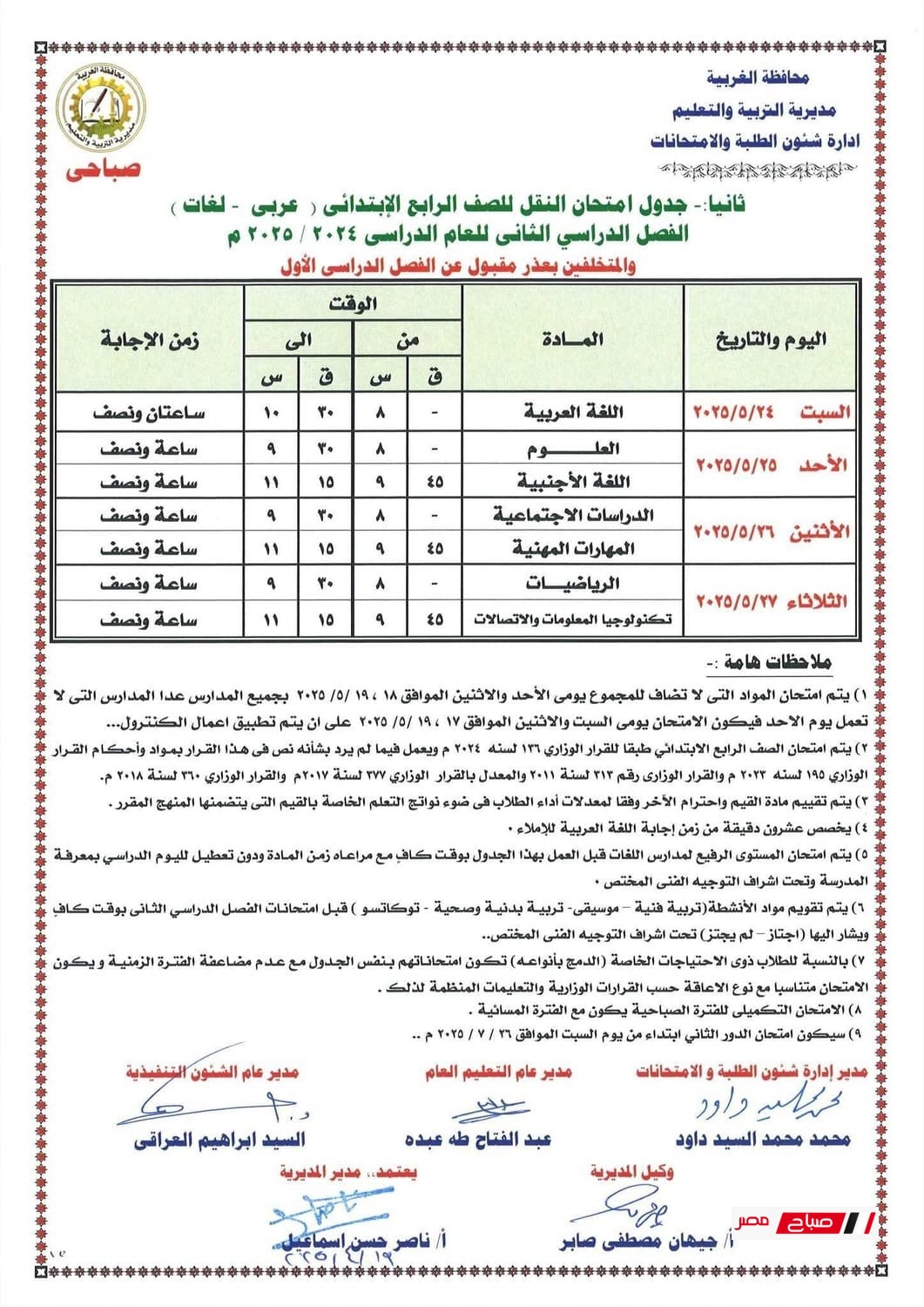 جدول امتحانات الصف الرابع الابتدائى الترم الثاني 2025 محافظة الغربية