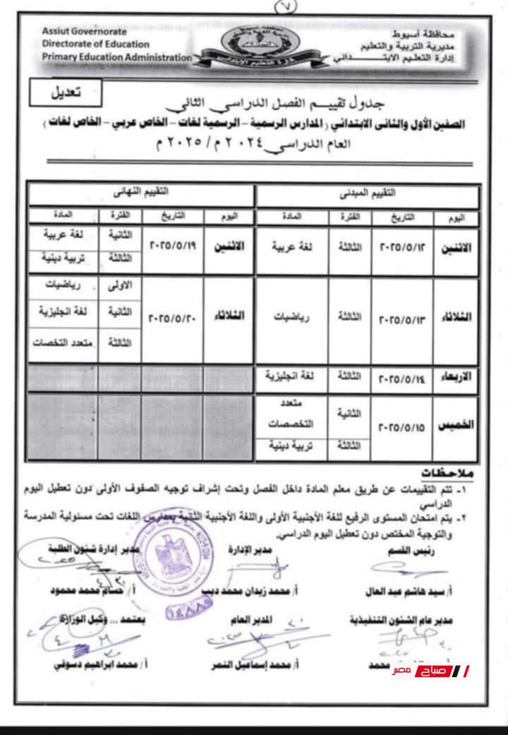 جدول تقييمات الصف الاول والثاني الابتدائي 2025 محافظة اسيوط